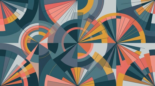 Abstract geometric pattern with overlapping circular and radial shapes in warm and cool tones