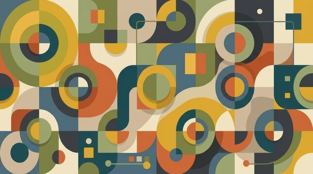 Abstract geometric pattern with overlapping circles and squares in warm tones