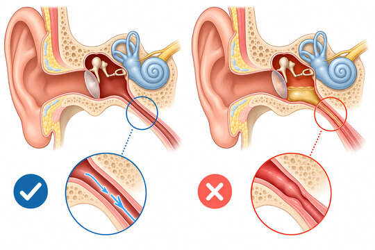Eustachian tube blockage middle ear comparison illustration