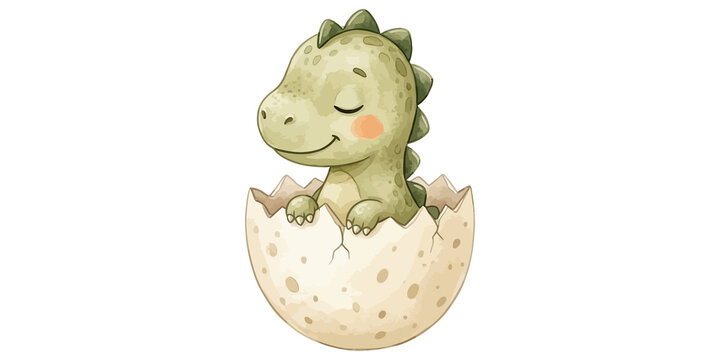 Green baby dinosaur hatching from egg watercolor illustration for nursery decor.