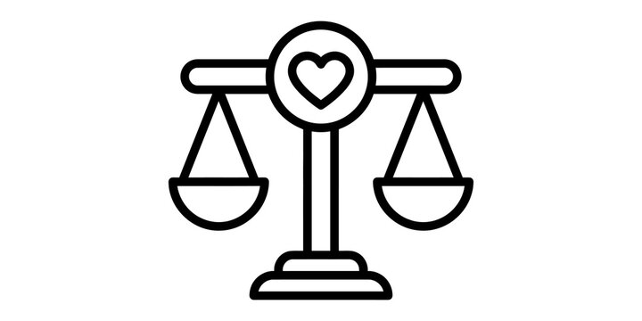 Justice scale icon with heart symbol representing moral balance and ethics.