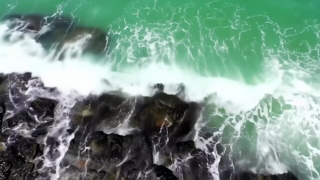 Foamy waves crashing over dark rocks