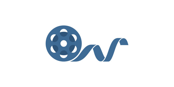 Cinema film reel and strip blue vector icon for movie design.