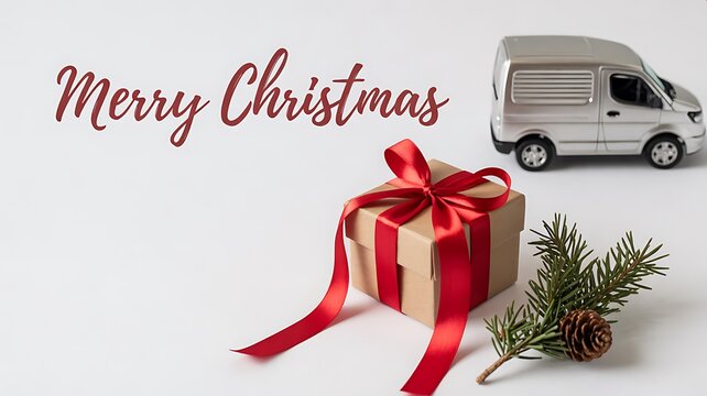Merry christmas gift with red ribbon and van decoration on white background