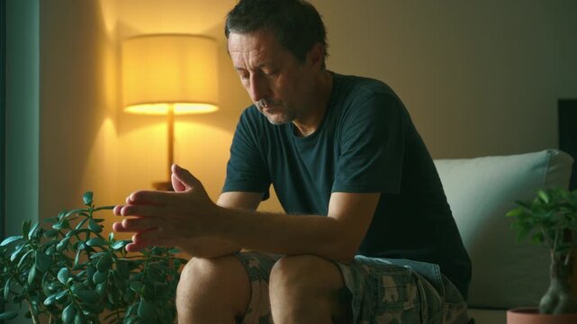 A tired middle-aged man rethinking while sits on a couch at night with his head in his hand, lit by a warm lamp, expressing exhaustion, loneliness and anxiety. 4K.