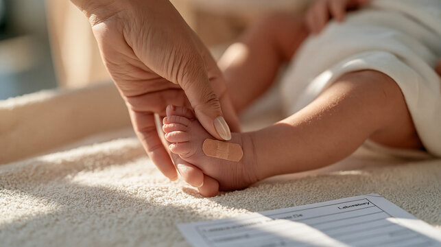 Close view of newborn foot receiving heel stick blood draw for metabolic screening, tiny bandage, laboratory requisition form nearby, newborn screening program, phenylketonuria