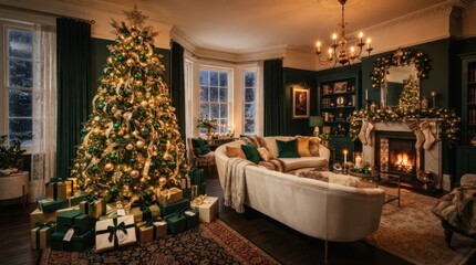 Obraz premium Elegant living room interior with a decorated Christmas tree and a warm glowing fireplace