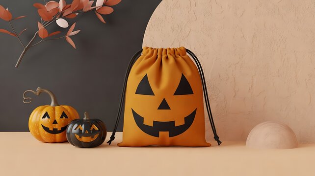 Halloween pumpkin gift bag with jack o lantern decorations on rustic background