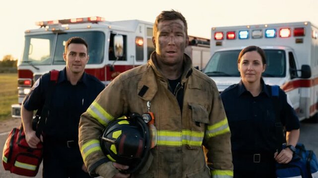 Brave fireman covered in soot stands beside emergency paramedics near ambulance vehicle. Tireless rescue worker holds protective helmet while emergency crew pauses together outside.