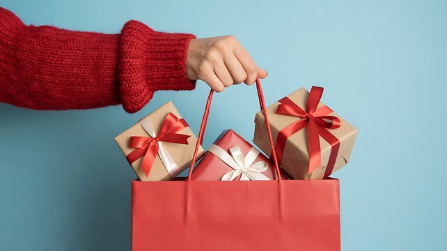 Hand holding red shopping bag filled with wrapped christmas gifts