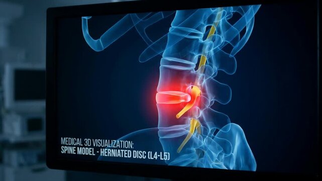 Glowing spinal column visualization rotates on digital monitor inside modern clinic. Lumbar vertebra model features bright red focal point indicating herniation pathology during diagnosis.