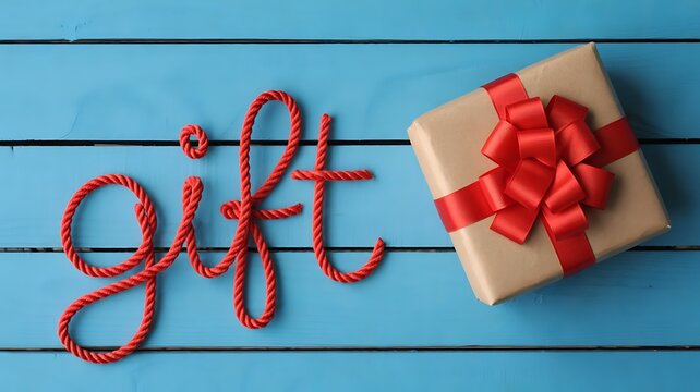 Gift box with red ribbon and gift lettering on blue wooden background