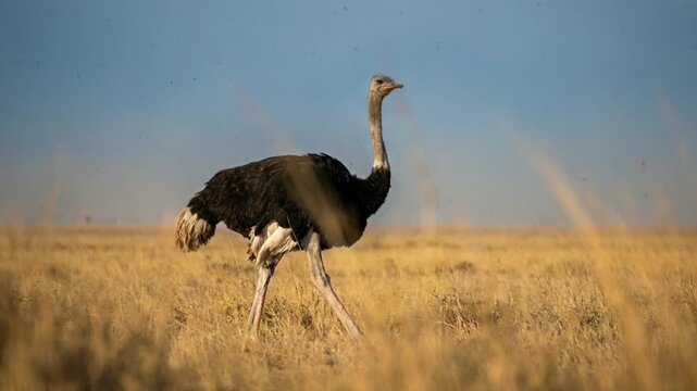Lone wild ostrich strolls gracefully along expansive African grassland plains. Feathered creature explores arid natural habitat with alert posture as sunlight illuminates golden landscape view.