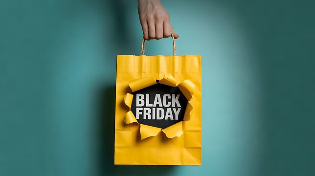 Black friday shopping bag with discount message held against teal background