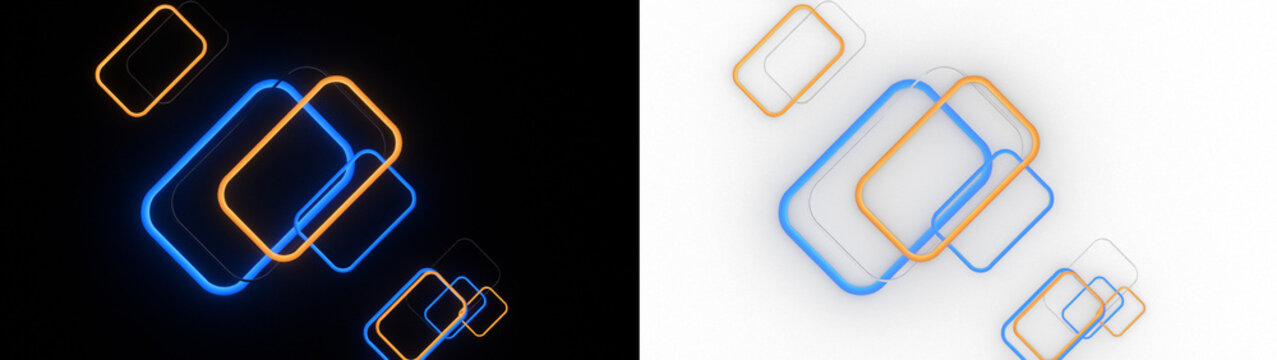 Abstract composition of glowing neon rectangular frames in blue and orange colors, modern 3d render design elements isolated on transparent background