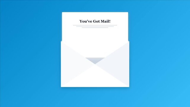 Incoming Mail Notification Animation on Blue Background, White Envelope Opening and Letter Emerging, You&rsquo;ve Got Mail Concept, New Email Message Alert, Postal Communication and Digital Notification