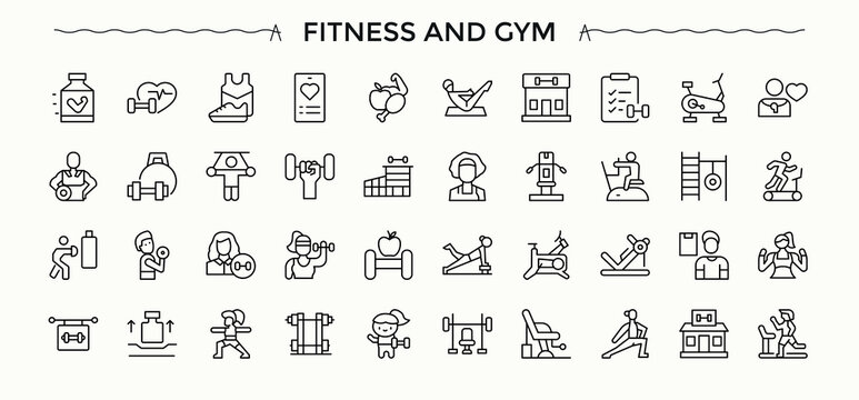Fitness and Gym icon set. Fitness icon set in linear style. Contain linear sign exercise, workout, health, diet, healthy, fitness and more. Pixel perfect. Editable vector.