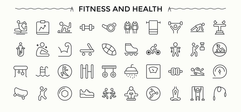 Fitness and Gym icon set in linear style. Modern icons collection. Editable vector art and illustration. Workout icon set. Pack of diet, fit, fitness, nutrition, sport, gym and more.