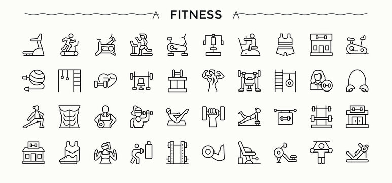 Fitness and Gym icon set. Fitness vector line icon set. Icons for UI designs. Contains such symbols as diet, gym, healthy, workout, nutrition, health, sport and more. Editable vector art.