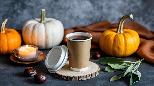 Autumn pumpkin arrangement with coffee cup and candle on rustic table
