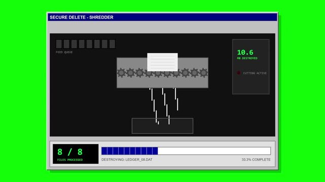 Secure digital file shredder interface deleting data on green screen