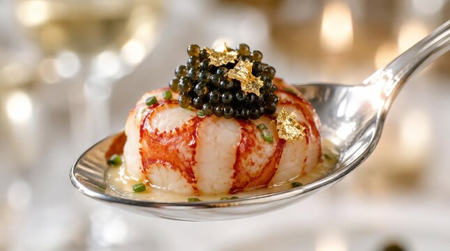 Gourmet seafood appetizer with caviar and gold leaf on a silver spoon