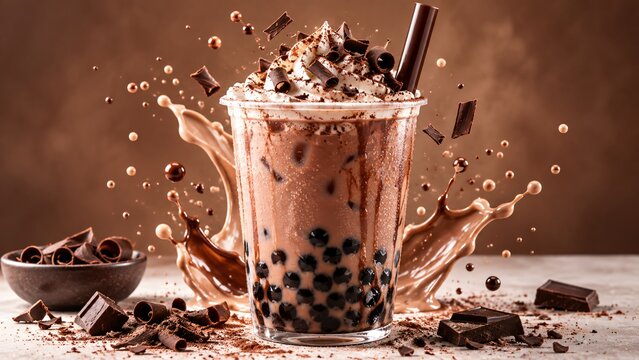 Bubble tea with tapioca pearls splashing from a clear glass, surrounded by chocolate pieces. Sweet beverage and dessert concept. Cafe menu, sweet drink advertising and dessert recipes.