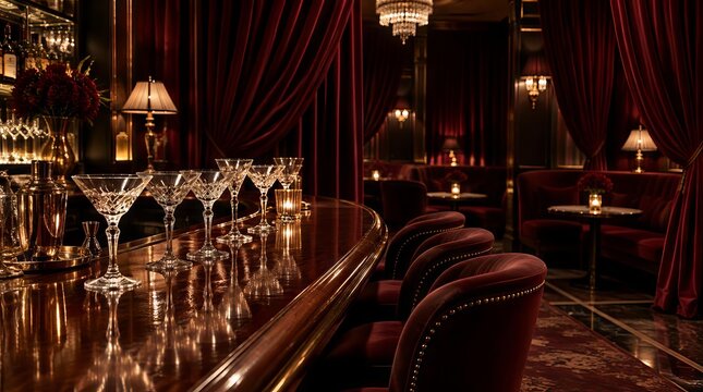 Luxury bar interior with crystal glasses and red velvet furniture
