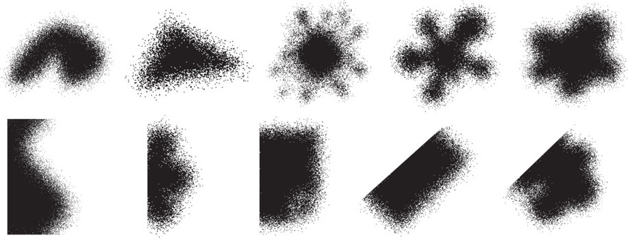 Set of black grain textured shapes, spray paint brushes and noise gradients isolated on white background