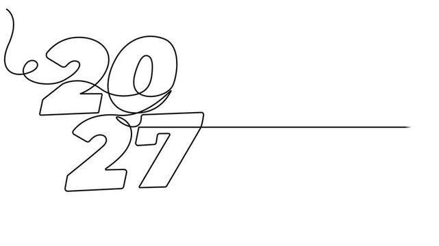 2027 new year continuous line art clip self drawing animation on white black background. single one line art written outline sketch illustration 2027 year numbers video.