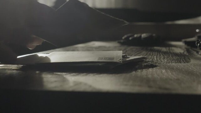 Side profile of hands slowly searching through brown stamped envelopes on a dark table, creating a dramatic retro communication and payment demand concept.