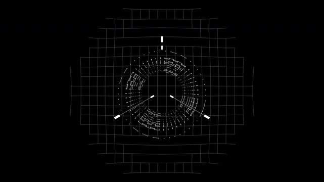 A perspective grid scanner HUD animation featuring rotating radial data rings and targeting indicators designed for aerospace navigation and military radar simulations.