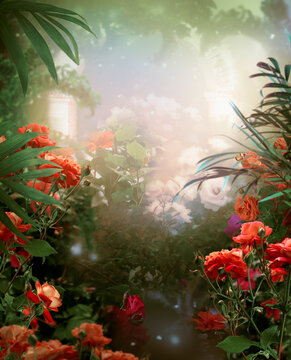 Ancient white stone arch in fantasy tropical jungle forest, palm tree branches and lush greenery in misty fairy tale rainforest, mysterious floral vertical background with copy space, mystic nature.