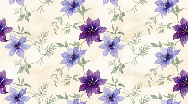 Watercolor seamless pattern with purple clematis flowers, green foliage on creamy background