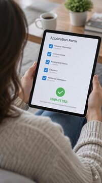 Person submitting an online application form on a digital tablet at home