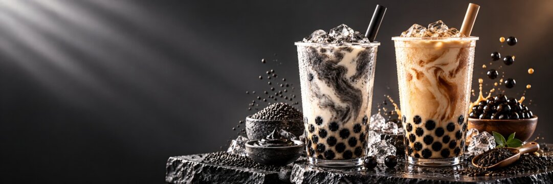 Two iced bubble tea drinks with tapioca pearls and marbled milk tea. Boba menu and cafe refreshment. Asian tea culture and modern drink trends. Sweet beverage product presentation.