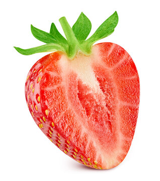 Fresh ripe strawberry berry half. Red sweet cut berry isolated on white background with clipping path