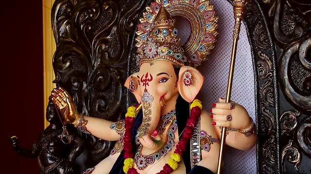 Ganesh idol closeup revealing golden crown, ornate jewellery and trishul mark, capturing Ganesh Chaturthi festival devotion in Vadodara, Gujarat, India.