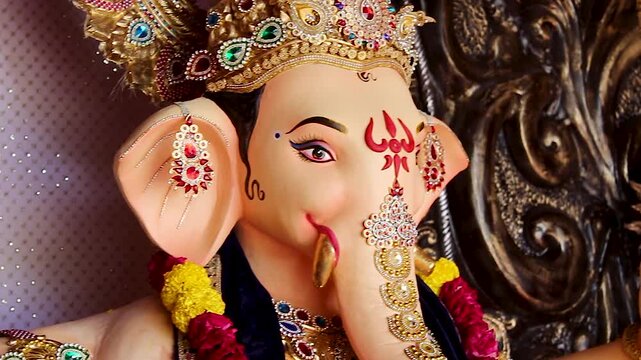 Ganesh idol closeup shows golden blessing hand mudra beside jeweled face and marigold garland, Ganesh Chaturthi celebration India.
