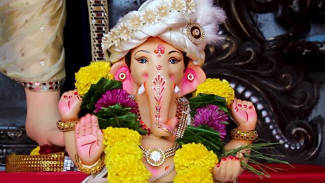 Mangal Murti Ganesha idol face closeup with white pearl turban, feather and marigold flowers, Ganesh Chaturthi festival in India, ornate Hindu religious decoration.