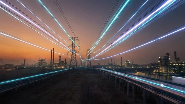 Luminous energy streams flow through electricity grid towers and petrochemical pipeline network at dusk. Industrial landscape reveals technological power distribution in futuristic style.