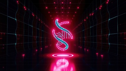 Fototapeta premium Neon symbol glows within dark digital tunnel. Lines create perspective, reflecting light on glossy floor. Futuristic aesthetic dominates scene.