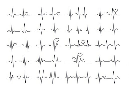 Hand-drawn medical ECG heart rhythm patterns with heart icons