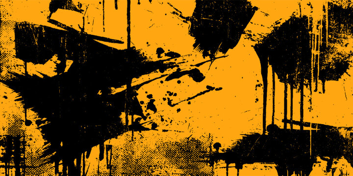 Black Grunge Overlay Texture on Yellow Background with Distressed Grain, Dust, Scratches, Speckles and Rough Vintage Effect Vector Design.