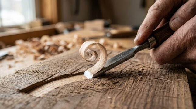 Artisan hand using a sharp wood carving chisel to shape rough timber, showcasing detailed craftsmanship and texture
