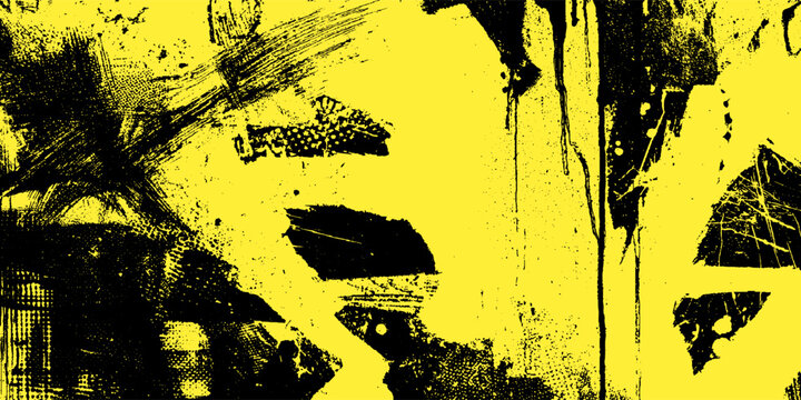 Abstract Black Grunge Texture Overlay with Dirty Noise, Rough Scratches, Dust Particles and Distressed Speckles on Bright Yellow Background Vector Illustration.