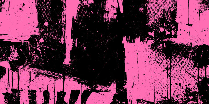 Abstract Black Grunge Texture Overlay with Dirty Noise, Rough Scratches, Dust Particles and Distressed Speckles on Bright Pink Background Vector Illustration.