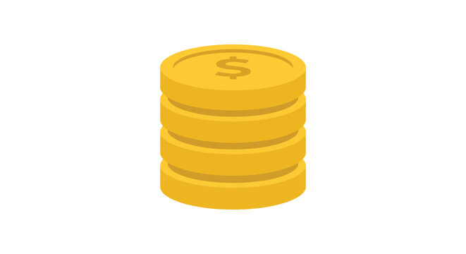A stack of golden coins with dollar signs rests on a white background