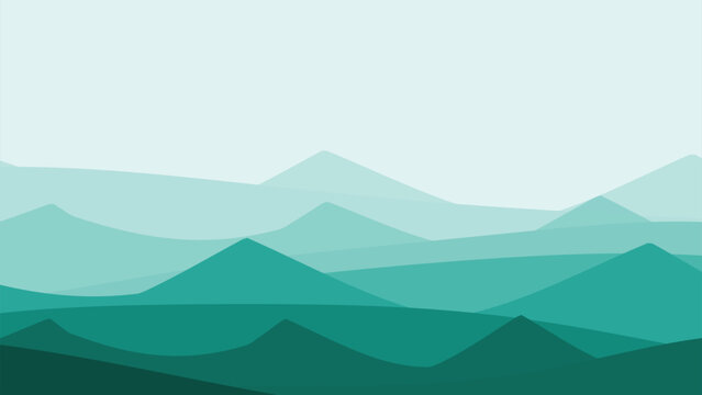 Minimalist mountain landscape layered peaks flat design aesthetic teal monochrome web header background graphic template
