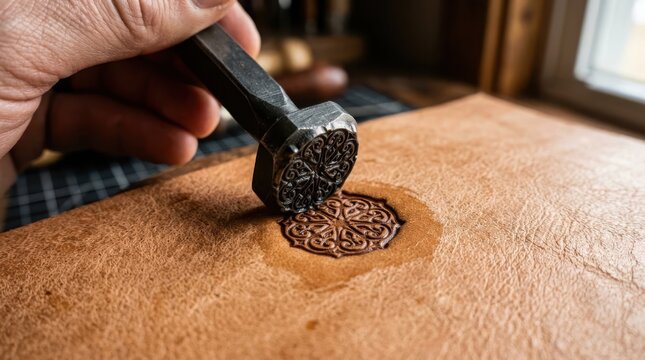Artisan tooling intricate pattern into leather with a metal stamp in a workshop setting, showcasing traditional craftsmanship.